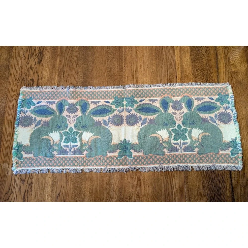Vintage Table Runner 34x12 in, Cotton Tapestry, White Bunny Rabbit, Fringe